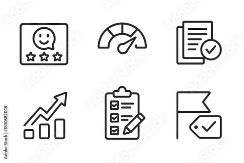 Assessment Icons Set. Assessment & Feedback Tools linear set: feedback card, rating dial, edit icon, compare sheets, improvement arrow, checklist clipboard, comment flag, final