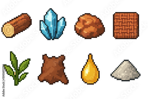Pixel Crafting Icons Set. Resource crafting elements set of icons in flat pixel vector style: timber log, raw crystal, copper ore, woven fabric, plant fiber, beast hide, resin drop