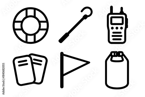 Water Rescue Icons. Water Rescue Essentials linear set: lifebuoy, rescue pole, waterproof radio, flotation pads, distress flag, dry bag.