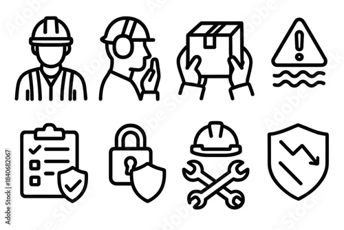 Workplace Safety Icons. Protective equipment practices themes linear set: workplace safety, injury prevention, responsible handling, hazard awareness, preparedness mindset, secure