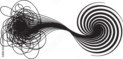 Abstract flowing wave twisted lines transition from chaotic mess to ordered perfect spiral shape