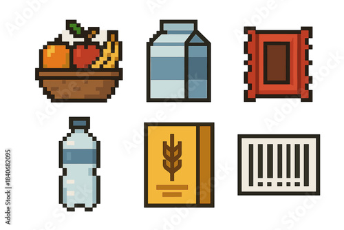 Pixel Grocery Icons. Grocery Display Set set of icons in flat pixel vector style: fruit basket, dairy carton, snack wrapper, bottled water, grain box, barcode strip.