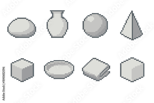 Minimalist Art Icons. Minimal Art Object Set pixel style set: smooth pebble, clean-lined vessel, monochrome sphere, folded paper form, simple wood block, plain ceramic dish,