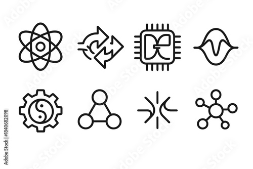 Fusion Technology Icons. Fusion technology symbols linear set: energy orbit, split-merge arrow, combined circuit, dual-core chip, waveform bridge, hybrid gear, linked nodes,