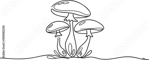 Continuous line drawing of three mushrooms growing in soil minimalist fungi nature art illustration