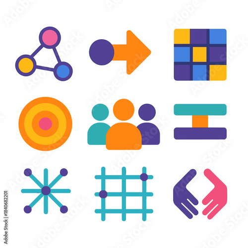 Distributed Autonomy Icons. Distributed Autonomy Modes flat set: negotiation node, co-agency arrow, shared-planning grid, autonomous alignment bar, collaboration pulse ring,