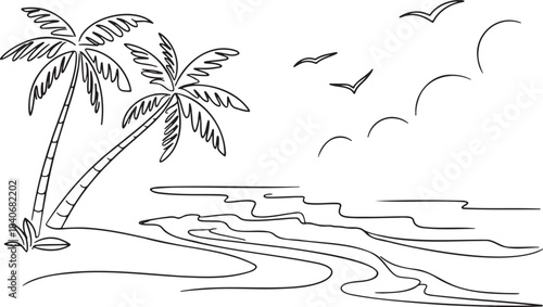 Continuous line drawing of tropical beach scene with palm trees sea waves and seagulls minimalist travel concept
