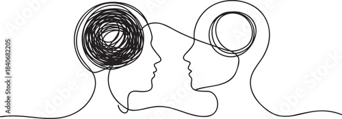 Continuous line drawing of two connected heads representing complex thought processes and communication
