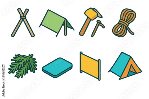 Wilderness Shelter Icons. Wilderness Shelter Set isometric flat set: tripod frame, tarp ridge, stake hammer, lash cord, cedar bough wall, ground pad, windbreak panel, entrance flap