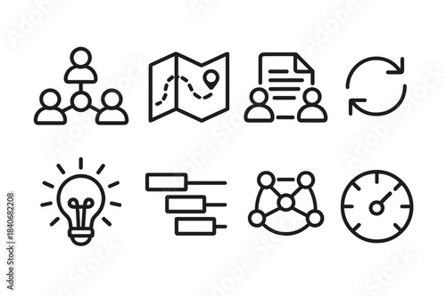 Teamwork Icon Set. Group coordination icons linear set: teamwork hub, planning map, shared file, loop arrows, idea spark, task timeline, connected people symbol, progress gauge.