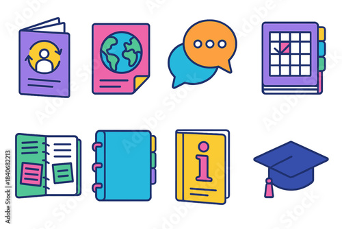 Student Exchange Icons. Student exchange resources isometric flat set: orientation booklet, geography sheet, communication card, academic planner, shared notes, study binder, info