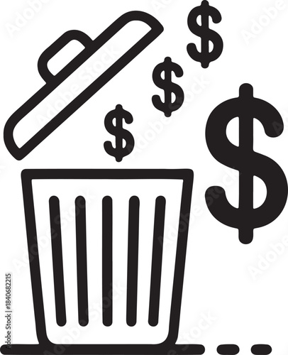 Money loss concept with dollar signs flying out of an open trash can