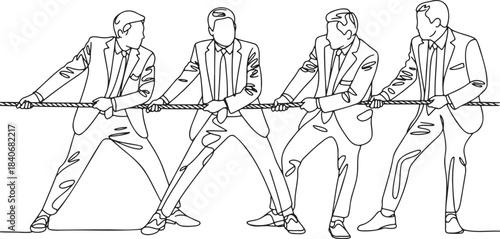 One continuous line drawing of four businessmen pulling rope competition business metaphor concept