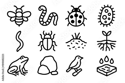 Garden Helper Icons. Garden Helper Icons linear set: pollinator bee, compost worm, ladybug protector, soil microbe symbol, beneficial nematode, predatory beetle, mulch layer icon,