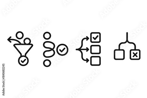 Abstract Decision Icons. Selective Choice Systems linear set: filter-rule arc, candidate-rank coil, decision-stream bar.