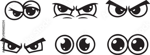 Set of black outline vector illustrations showing different cartoon angry eyes and expressions