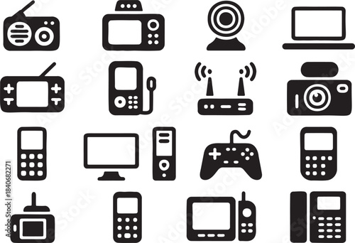 Set of black silhouette electronic devices and communication technology icons collection vector graphics