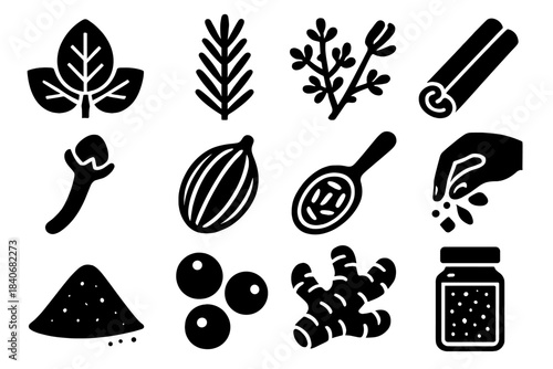 Herb and Spice Icons. Herb & Spice Profiles silhouette set: basil leaf, rosemary sprig, thyme cluster, cinnamon stick, clove bud, cardamom pod, cumin seed spoon, chili flake pinch,