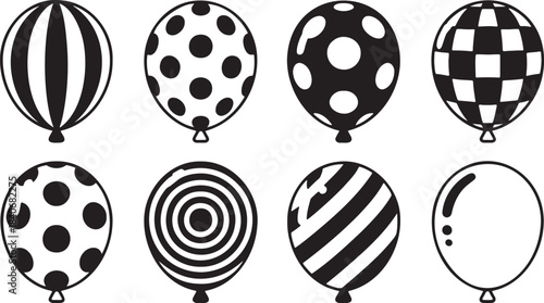 Set of eight decorative black and white patterned balloons for celebration and festive occasions