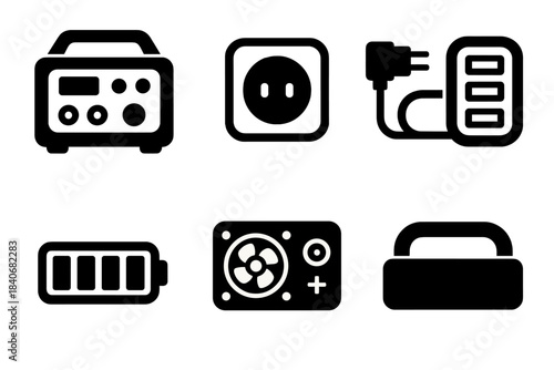 Portable Power Icons. Portable power stations silhouette set: compact power unit, AC outlet module, DC port panel, USB hub, charging cable, battery indicator, cooling vent, carry