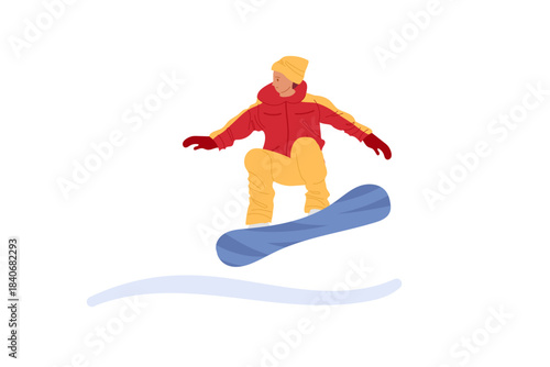 Snowboarder in winter gear jumps off slope with blue snowboard in snowy area. Winter Landscape During Daytime