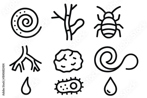 Soil Microbial Icons. Subsurface life set linear set: microbe swirl, fungal thread, springtail, nematode curl, broken root fragment, soil crumb, protozoan shape, moisture droplet.