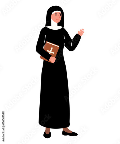 Nun in cartoon-style illustration. She is wearing black habit. Her hand is raised in gesture of greeting or blessing.