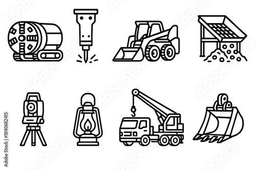Construction Equipment Icons. Industrial excavation set linear set: tunnel borer, rock breaker, skid-steer loader, gravel screener, surveying tripod, lantern, utility crane,