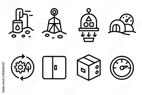 Advanced Space Resource Icons. Extraterrestrial Resource Management linear set: water extraction unit, energy distribution hub, material sorting chamber, habitat efficiency