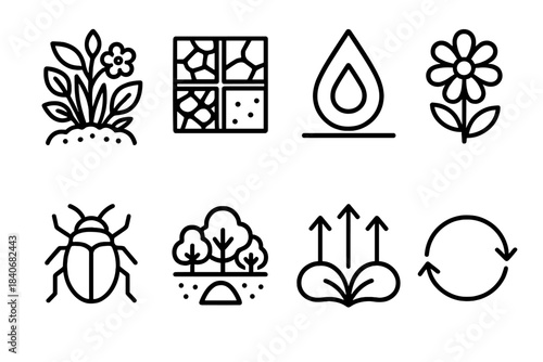 Eco Building Icons. Ecological health building linear set: diverse plant cluster, soil enrichment tile, moisture gauge, pollinator strip, decomposer node, habitat corridor bar,