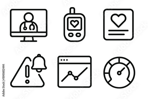 Digital Health Icons. Digital Health Interaction Set linear set: telemedicine screen, remote monitoring device, care plan tile, notification alert icon, interactive health chart,