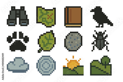 Nature Observation Icons. Outdoor Nature Observation set of icons in flat pixel vector style: binoculars, trail map, field notebook, bird silhouette, animal track, leaf sample,