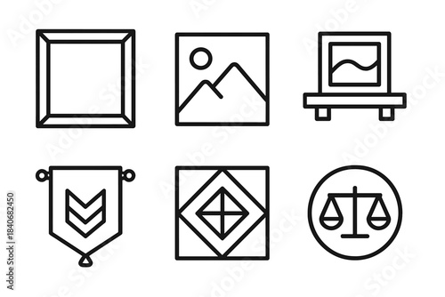 Art Display Icons. Art Display Essentials linear set: picture frame, gallery canvas, floating shelf art, wall hanging textile, geometric decor tile, visual balance dial.