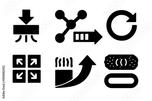 Resilience Icons Set. Resilience Under Pressure silhouette set: stress-test icon, adaptive node, tension gauge bar, recovery loop ring, load-distribution tile, flexibility curve