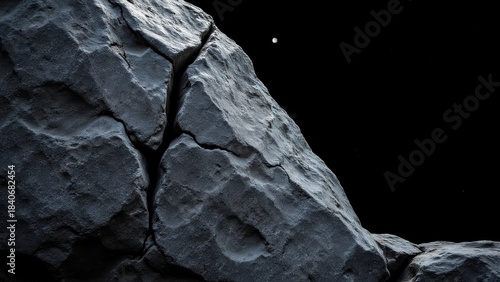 Rough, dark grey stone fills the frame. A fractured surface catches faint light from an unseen source. The texture is granular, with deep crevices and a sense of immense scale against a black void.