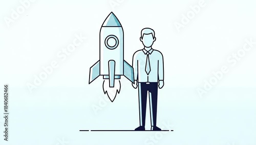 Animated Businessman Standing Next to a Launching Rocket Ship.