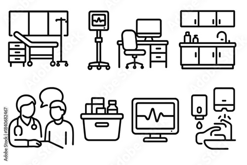 Medical Room Icons. Medical Environment Set linear set: assessment room frame, vitals stand, clinical desk setup, sterile prep area, consult space icon, supply storage bin,