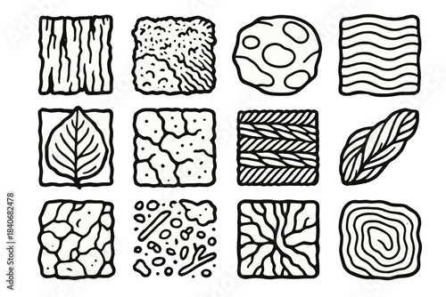 Natural Texture Icons. Wild Texture Set linear set: forest bark fragment, mossy ground tile, riverbed stone piece, dune ripple pattern, leaf impression square, earthy clay patch,
