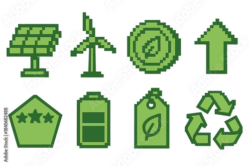 Green Portfolio Icons. Green Portfolio pixel style set: solar panel, wind turbine, eco coin, green arrow, sustainability rating symbol, resource gauge, earth-friendly tag,