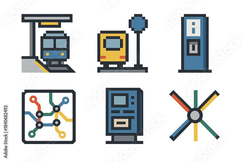 Pixel City Transit Icons. City Transit Nodes set of icons in flat pixel vector style: rail platform, shuttle stop, info pillar, ticket machine, transit map, junction marker.