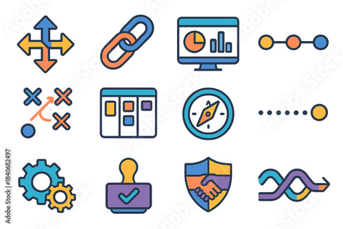 Alignment Icon Set. Interdepartmental Alignment Icons flat set: cross-functional arrows, workflow chain, unified dashboard, shared timeline, synced strategy map, coordinated tasks