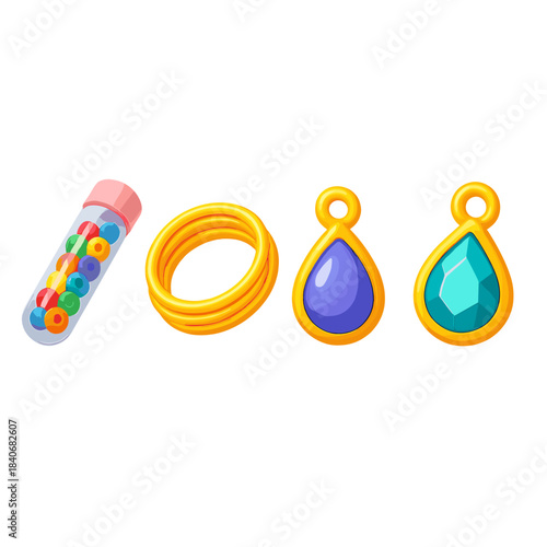 Colorful Jewelry Materials. Handmade Jewelry Materials flat isometric set: seed bead tube, wire coil, charm droplet.