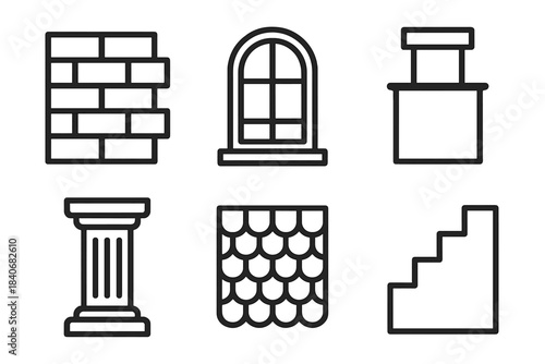 Iconic Building Outline. Building Exterior Set linear set: brick wall section, arched window, chimney top, porch pillar, roof tile pattern, entry stair.
