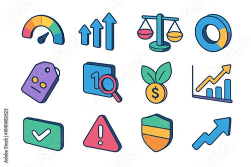 Modern Credit Health Icons. Credit Health Icons isometric flat set: credit gauge arc, repayment streak icon, balance bar, utilization ring, credit age tag, inquiry count symbol,