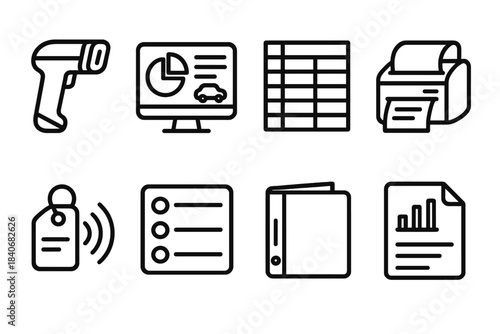 IT Asset Management Icons. IT Asset Lifecycle Concepts Tools linear set: inventory scanner, dashboard screen, spreadsheet, label printer, tracking tag, status panel, reference