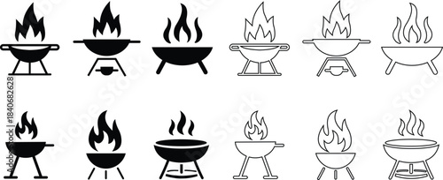Barbecue grill fire pit icon set outdoor cooking vector