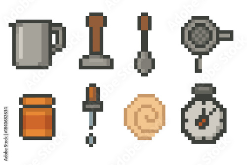 Craft Coffee Icons. Artisanal Drink Craft pixel style set: barista pitcher, tamp tool, tasting spoon, tea strainer, spice tin, flavor dropper, froth swirl, brew timer.
