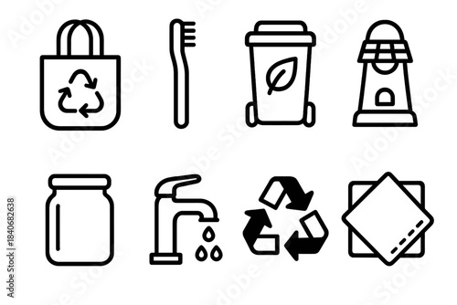Eco-Friendly Icons. Green living practices set linear set: reusable tote, bamboo toothbrush, compost bin, solar lamp, glass jar, water-saving faucet, recycling symbol, cloth napkin