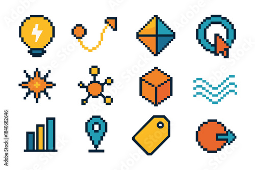 Innovative Icons Collection. Future-Focused Innovation pixel style set: idea flash symbol, creative trajectory line, concept shard tile, inventive loop ring, exploration spark,