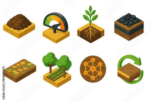 Colorful Farm Icons. Carbon-building farm schemes flat isometric set: compost row tile, carbon gauge bar, deep-root zone, biochar layer, residue mulch strip, agroforestry lane,